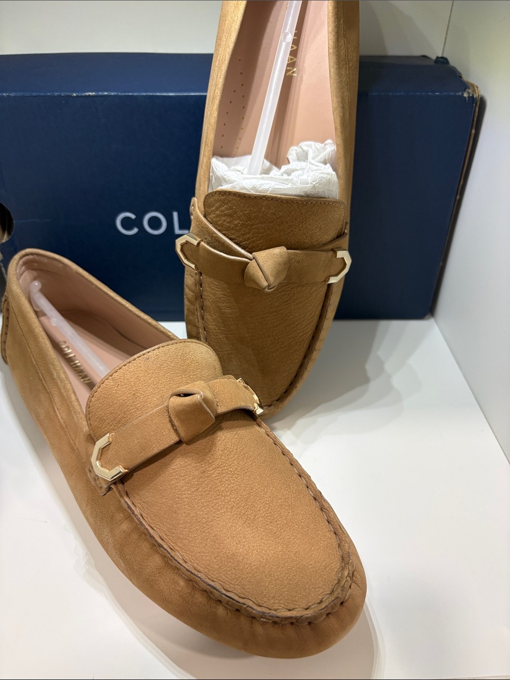 Cole Haan Evelyn Bow Driver Tan leather Loafers